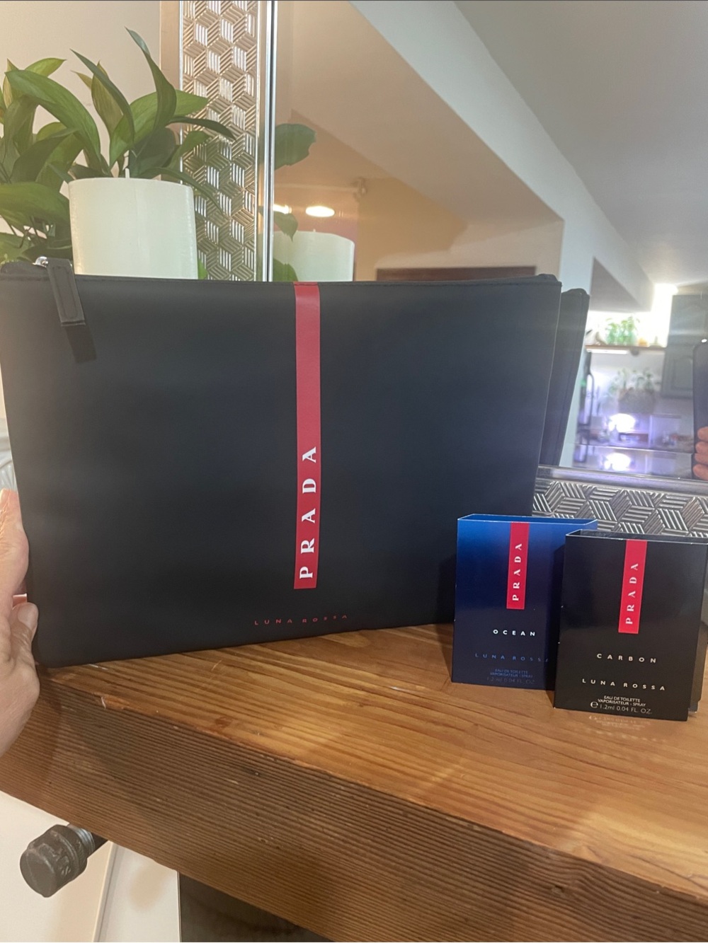 Prada Black Toiletry Pouch with Red Center Stripe